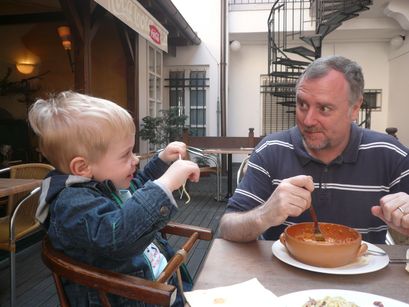 Eating spaghetti with Dad.