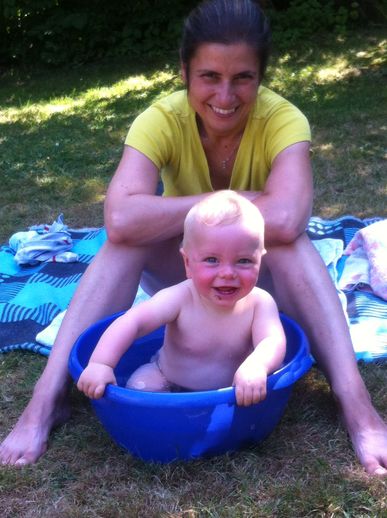 Bathing with mum. 